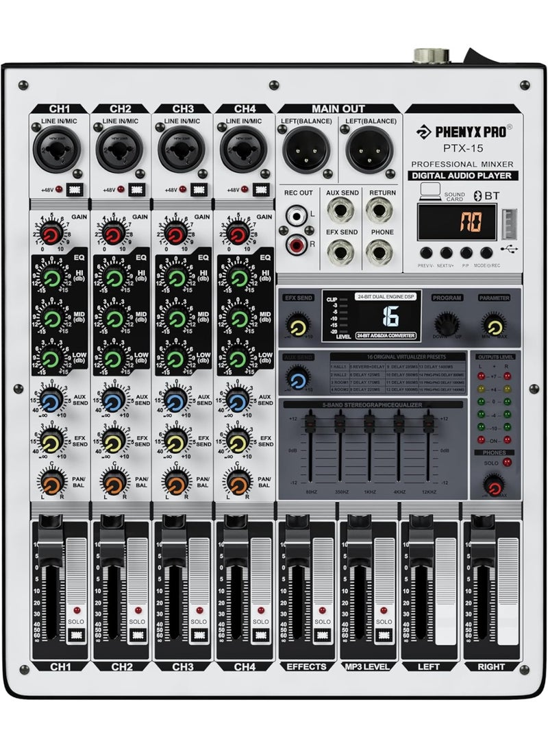 Phenyx Pro PTX-15 Professional Audio Mixer with USB Interface, 4-Channel DJ Sound Console, Stereo EQ, 16 DSP Effects for Stage, Live Performance, Karaoke and Studio - Image 1